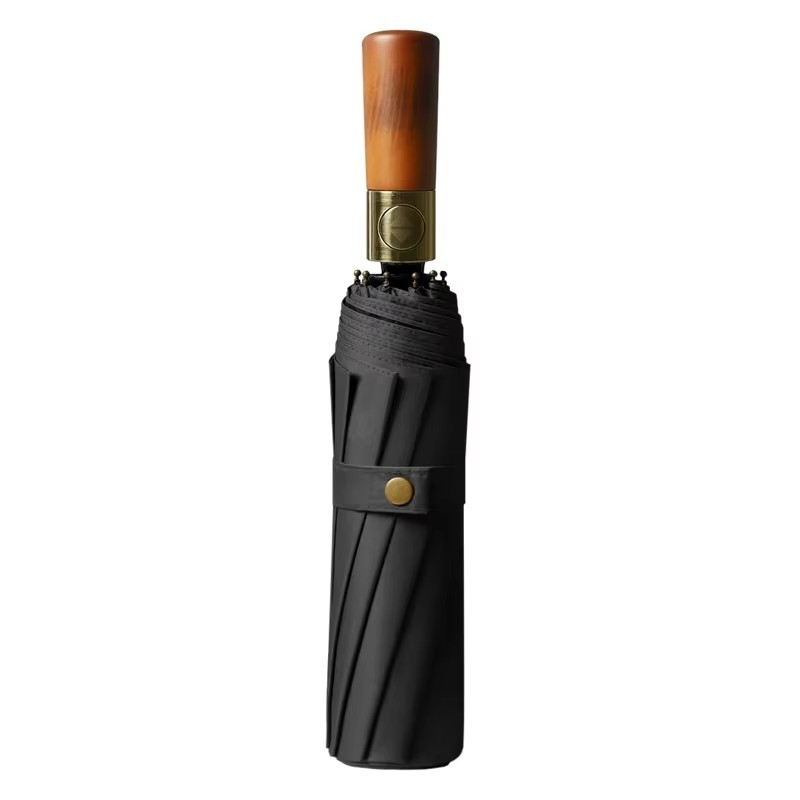Umbrelă automată cu 3 ori cu 10 nervuri, mâner din lemn masiv, acoperire neagră cu protecție UV